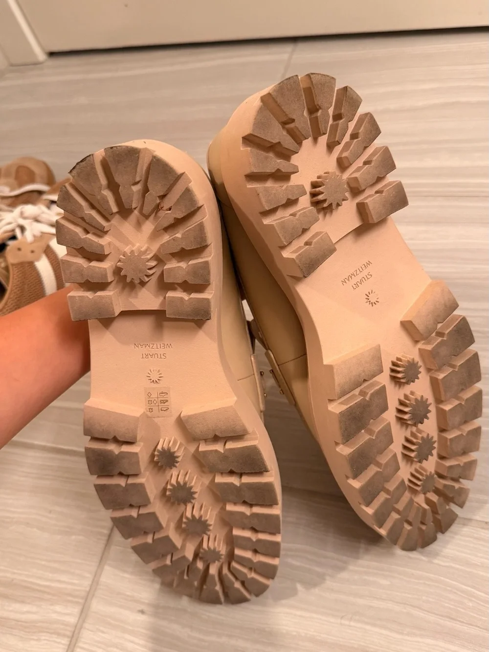 Stuart Weitzman Women's Platform Loafers in Beige with Gold Buckle